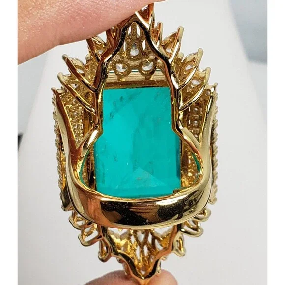 Signed Princess Doublet Natural Emerald with CZ 18KGL Size 9 Cocktail Ring - Picture 12 of 16